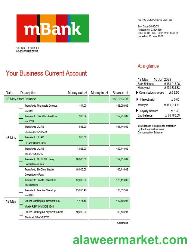 MBank company statement Word and PDF template